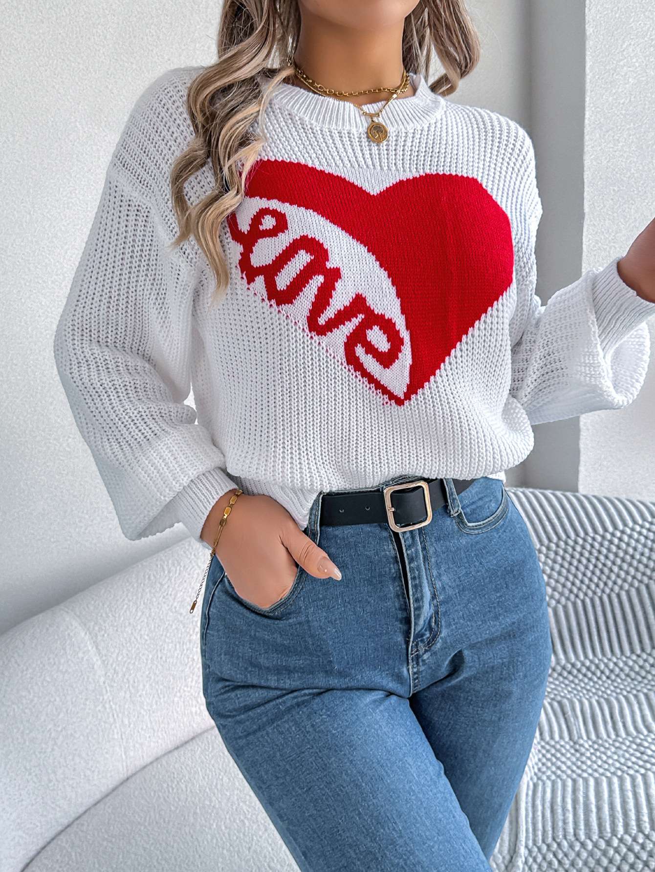 Sweater with Red Heart and Love Text - M, White image