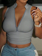 Sleeveless V-Neck Zip-Front Crop Top - M, Grey image