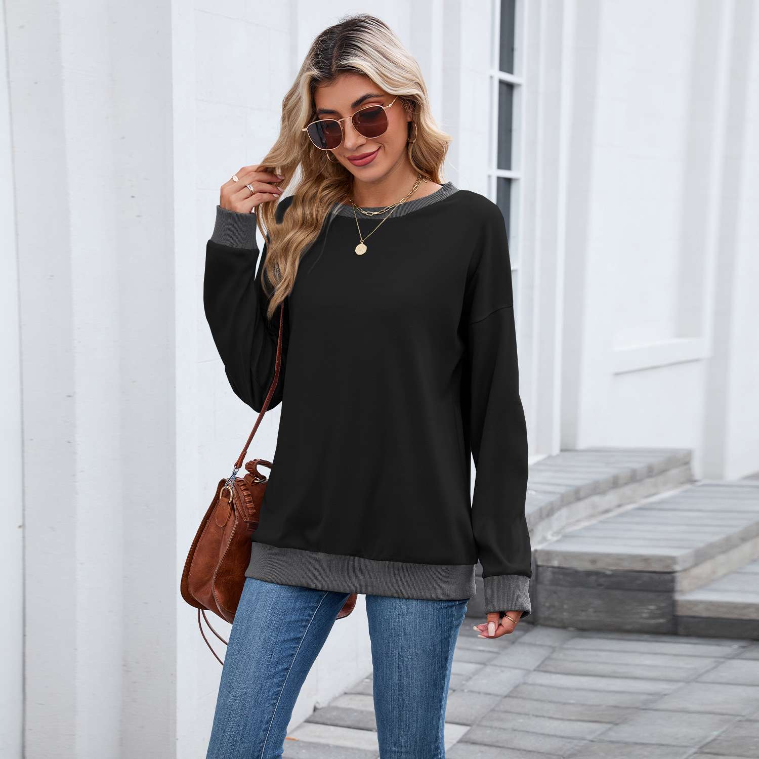 Long Sleeve Sweater with Contrast Cuffs and Hem image 2