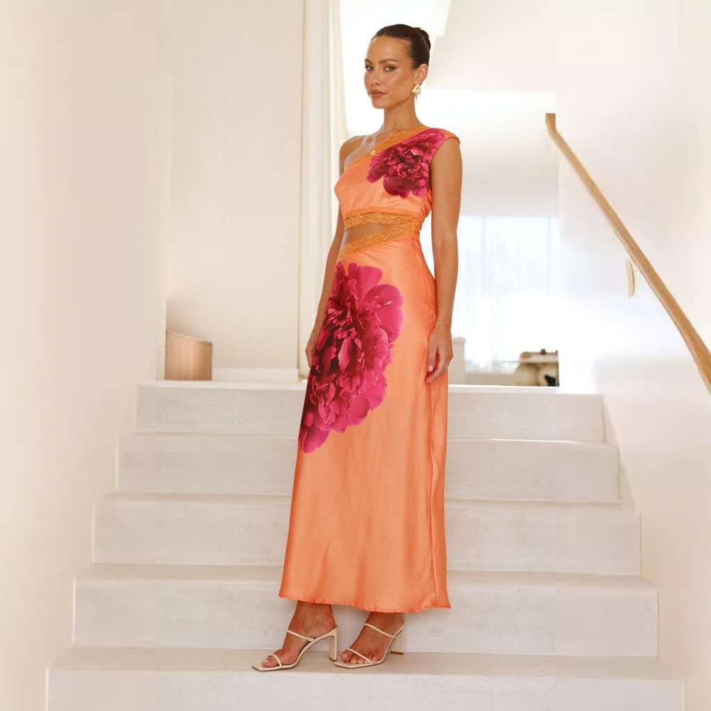 Elegant One-Shoulder Maxi Dress - L, Orange image