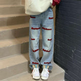 Embroidered Letters Solid Straight High Waist Jeans image 4