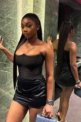 Sexy Off Shoulder Satin Patched Night Out Mini Dress image 1