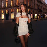 Ruched Cut-Out Dress with Floral Accents - M, Beige image