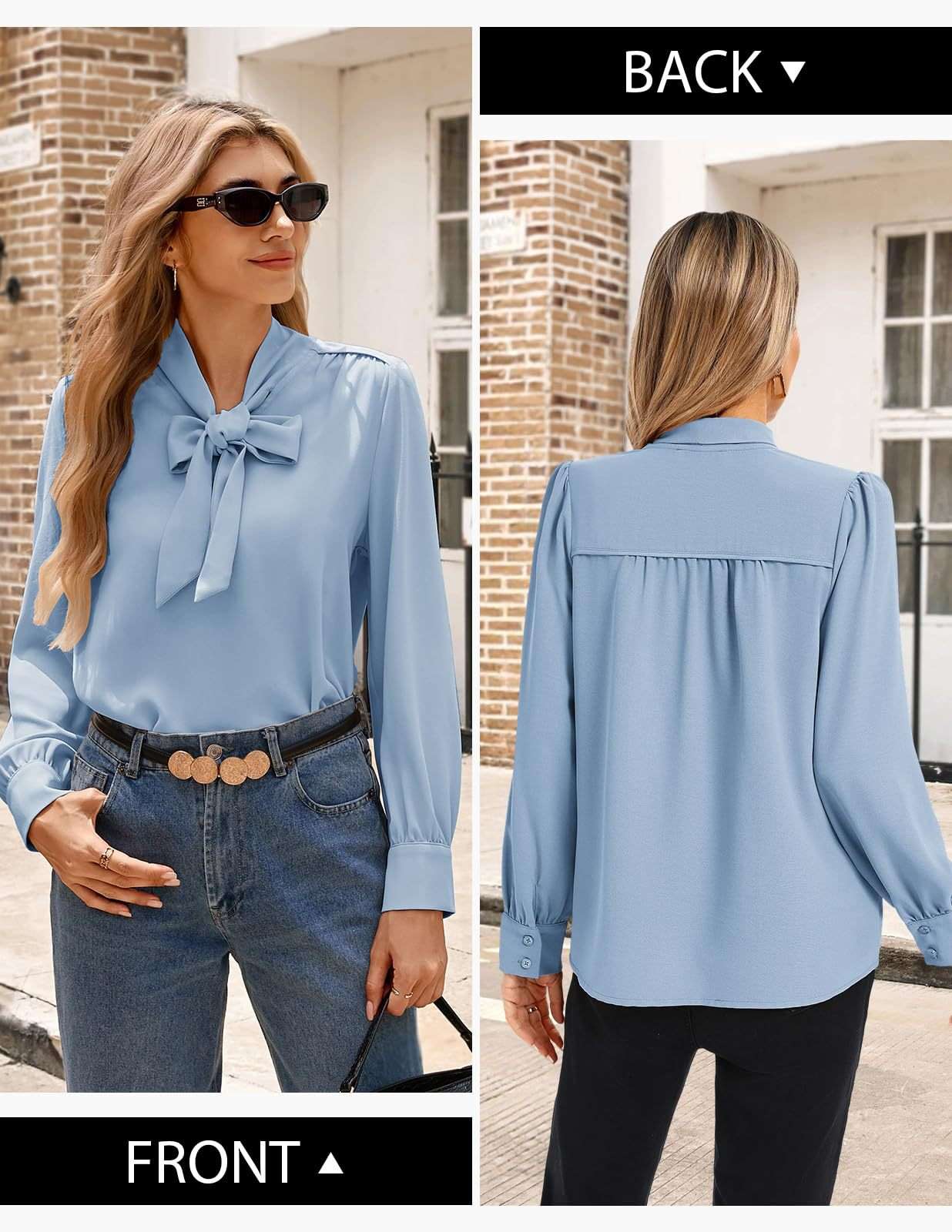 Long-Sleeve Blouse with Bow Tie Neck image 1