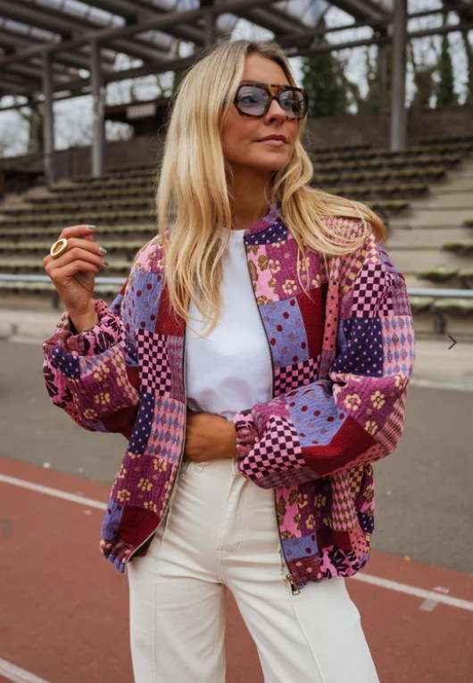 Colorful Patchwork Zip-Up Jacket - S, Red image