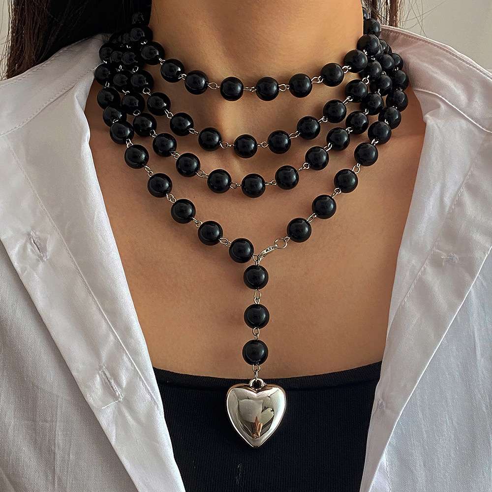 Gothic Black Beaded Layered Necklace - Free Size, Black image