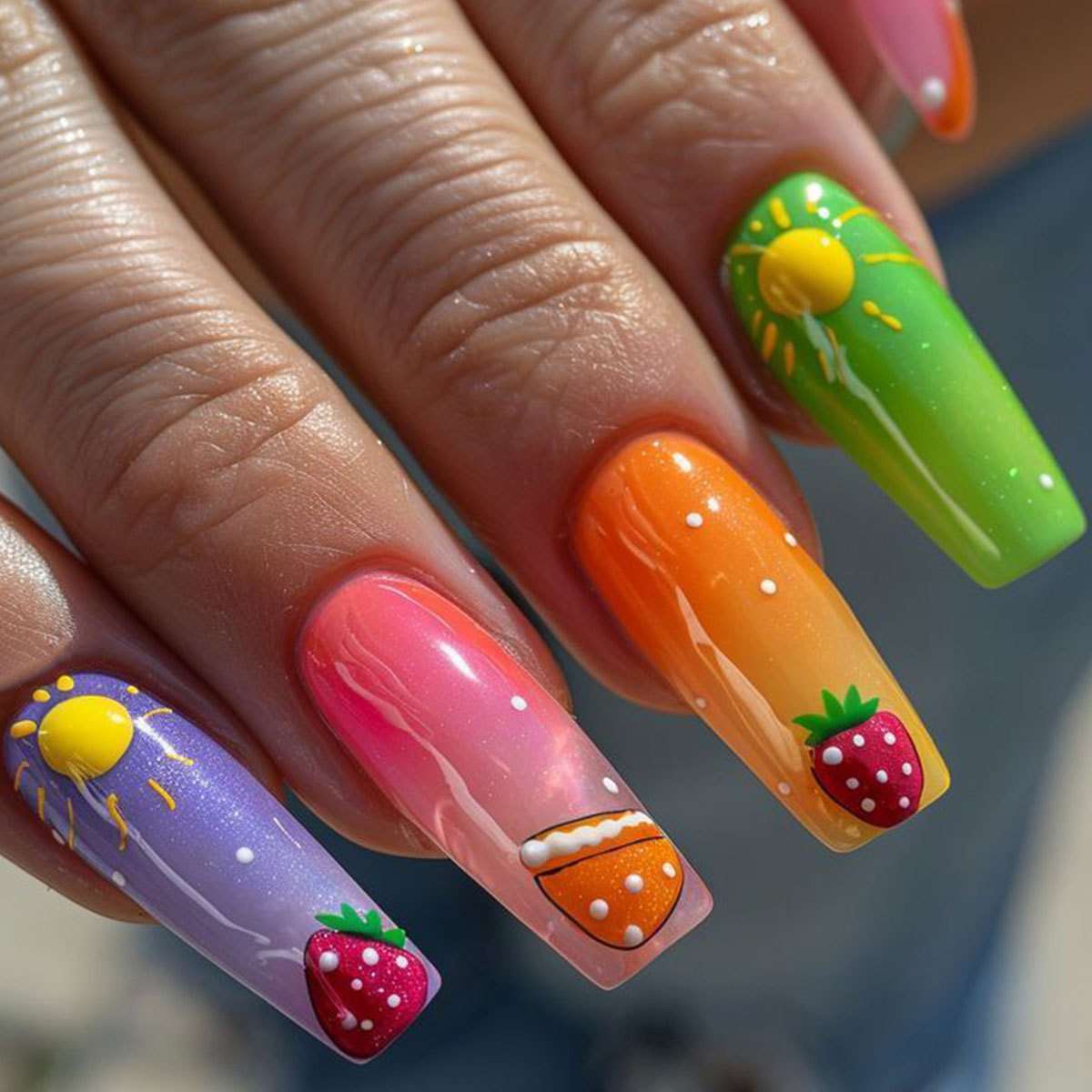 Colorful Summer Fruit-Inspired Nail Art - Free Size, Rose image