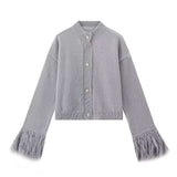 Luxurious Feather-Accented Button-Front Sweater - M, Grey image