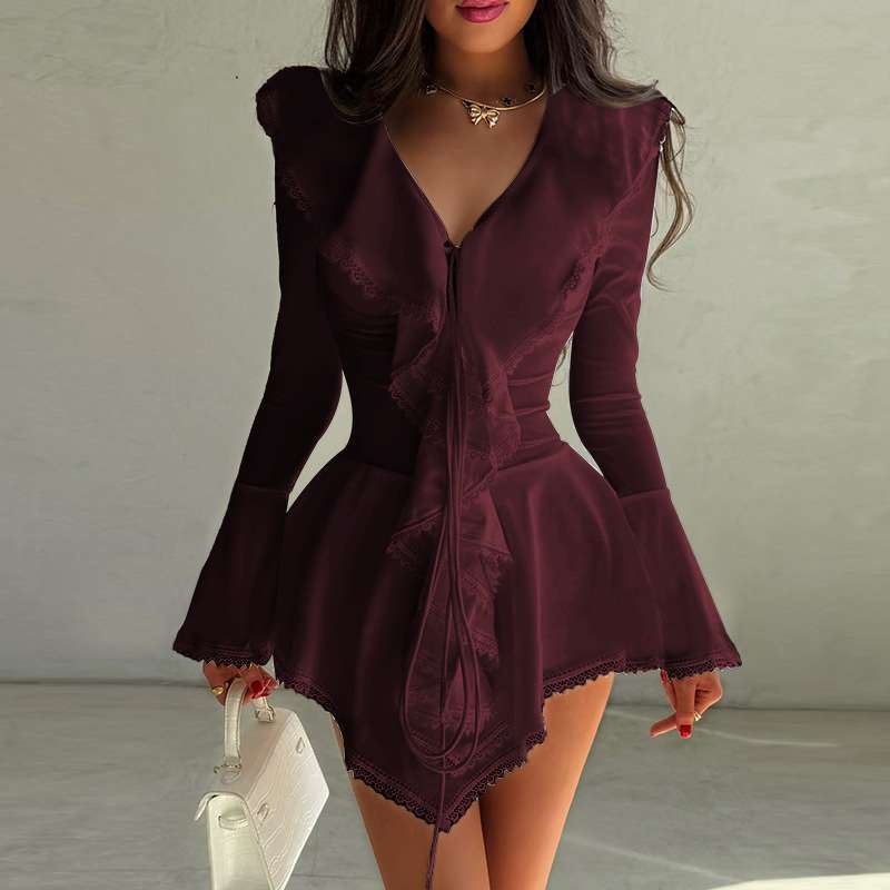 Elegant Lace Peplum Dress - M, Wine Red image