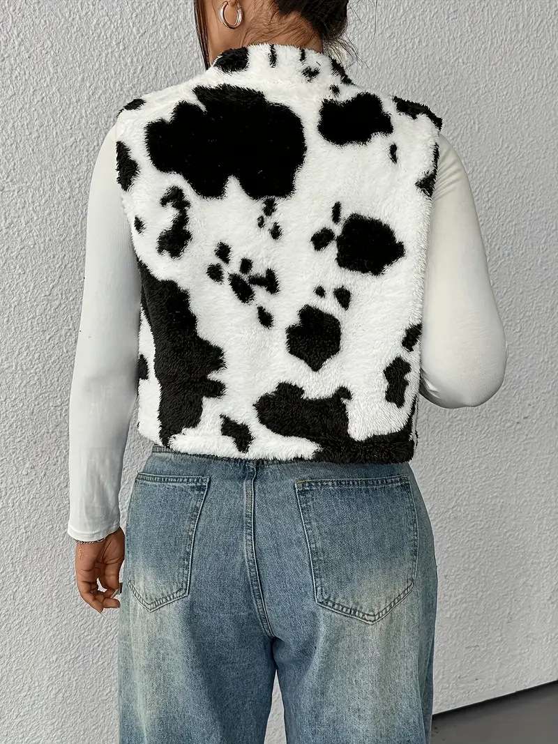 Cow Print Faux Fur Vest Jacket image 4
