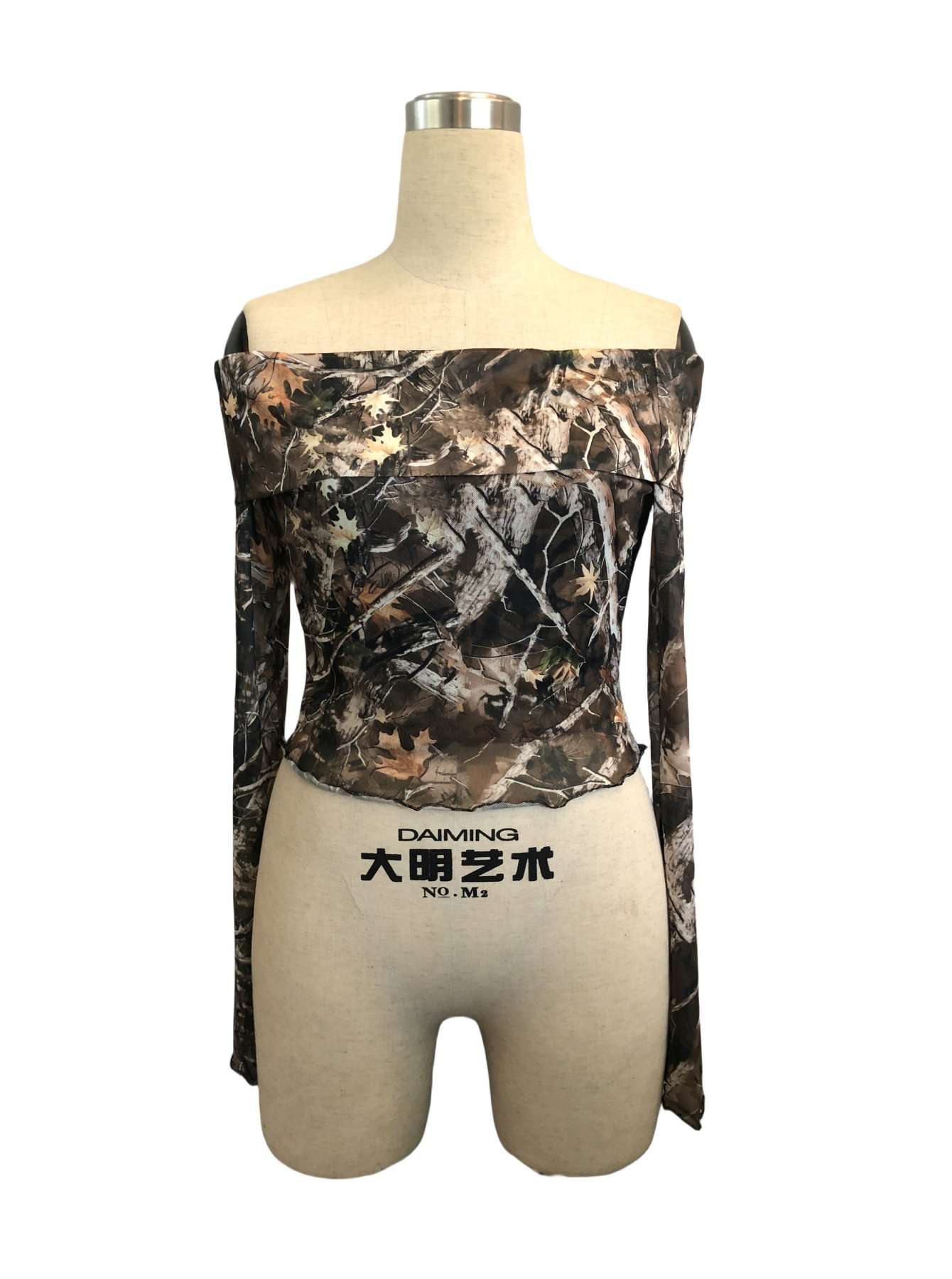 Off Shoulder Camo Long Bell Sleeve Crop Top image 3
