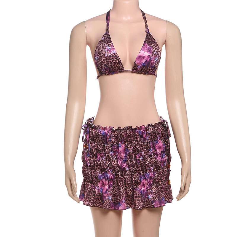 Leopard Floral Print Bikini Set with Ruffled Skirt image 6