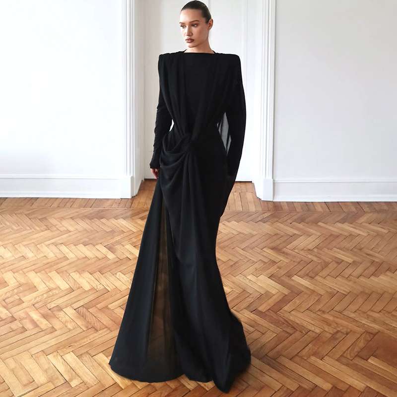 Elegant Black Draped Maxi Dress - L, Black image