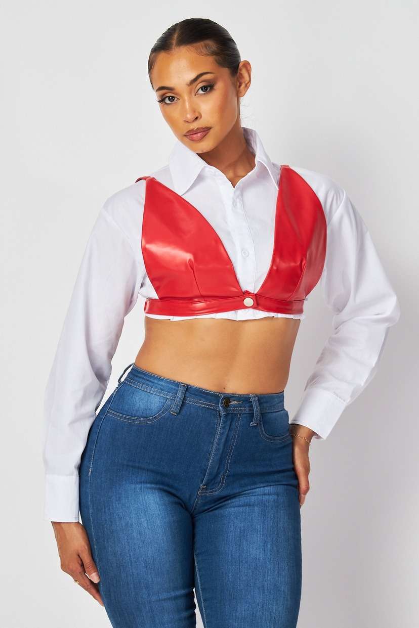 Long Sleeve Crop Top Shirt with Bra - M, Red image