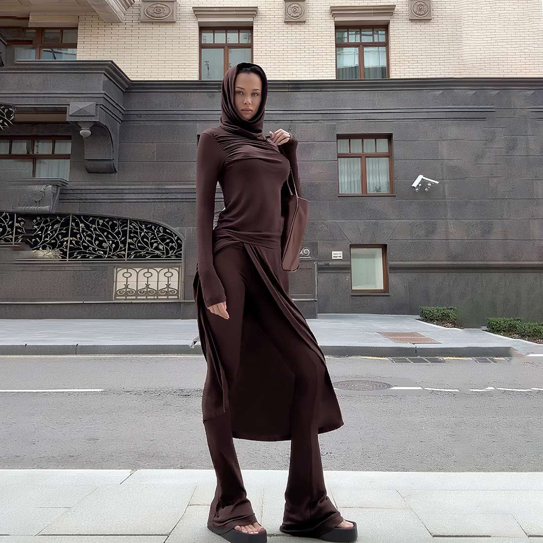 Lounge Set with Flared Pants and Long Top - S, Brown image