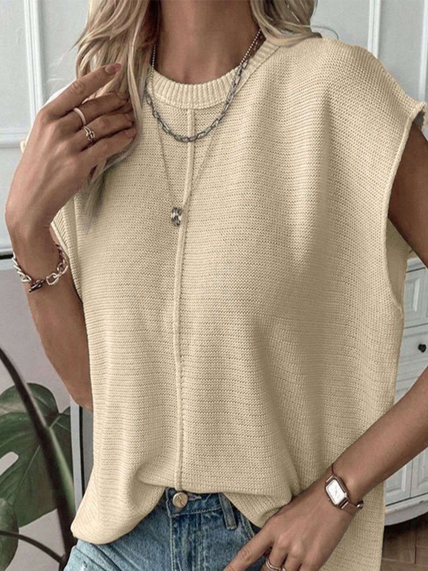 Knit Vest Sweater Crew Neck Loose Fit Cap Sleeve Loose Top image 2