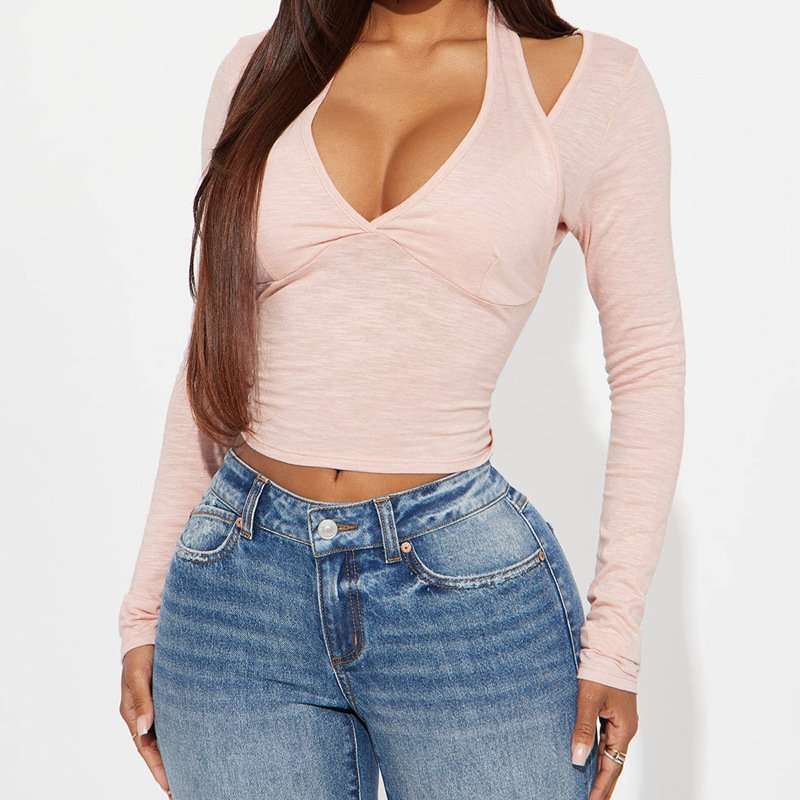 Halter Layered Long-Sleeve Crop Top image 2