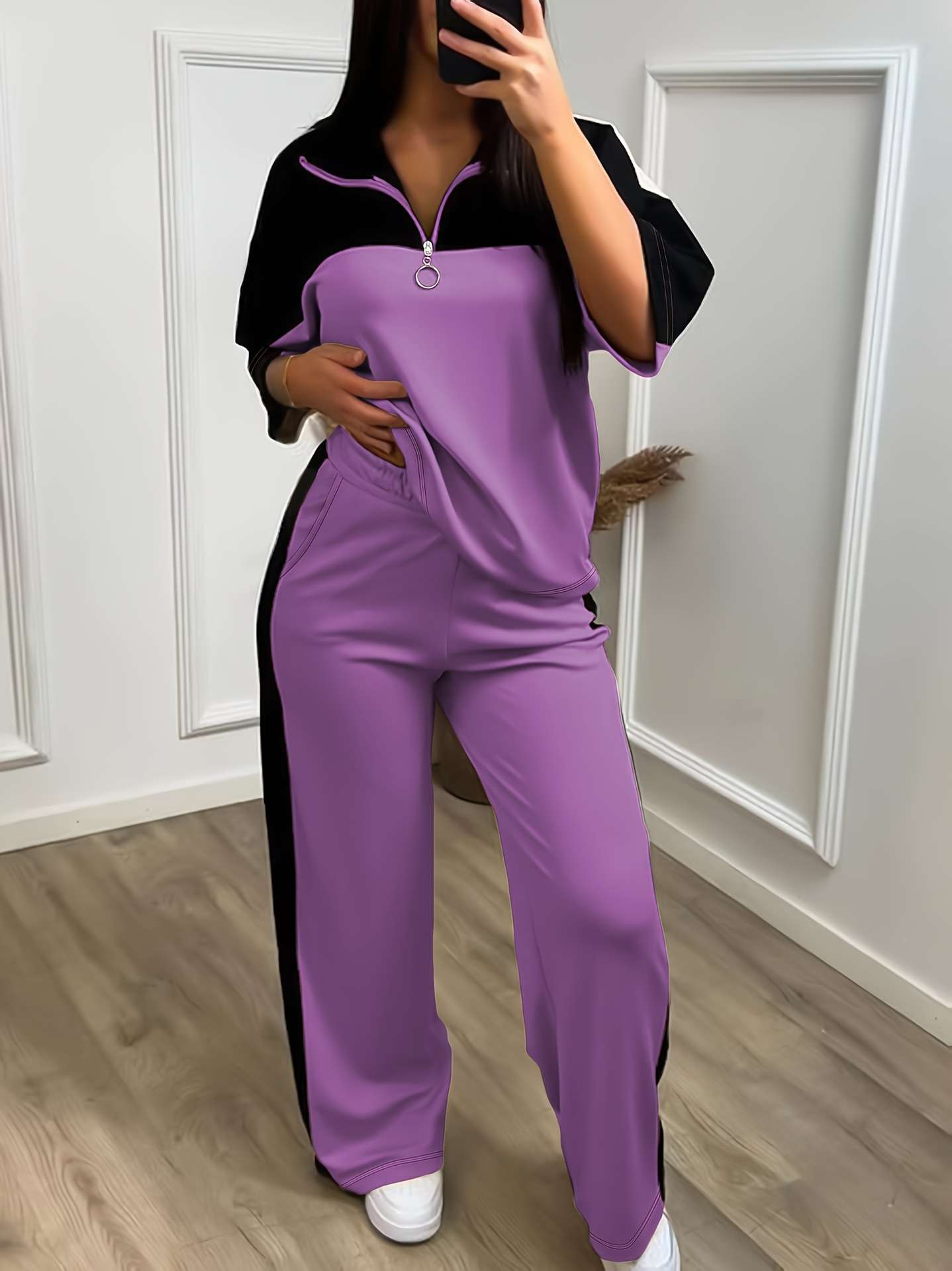 Casual Color Block Tracksuit - L, Purple image