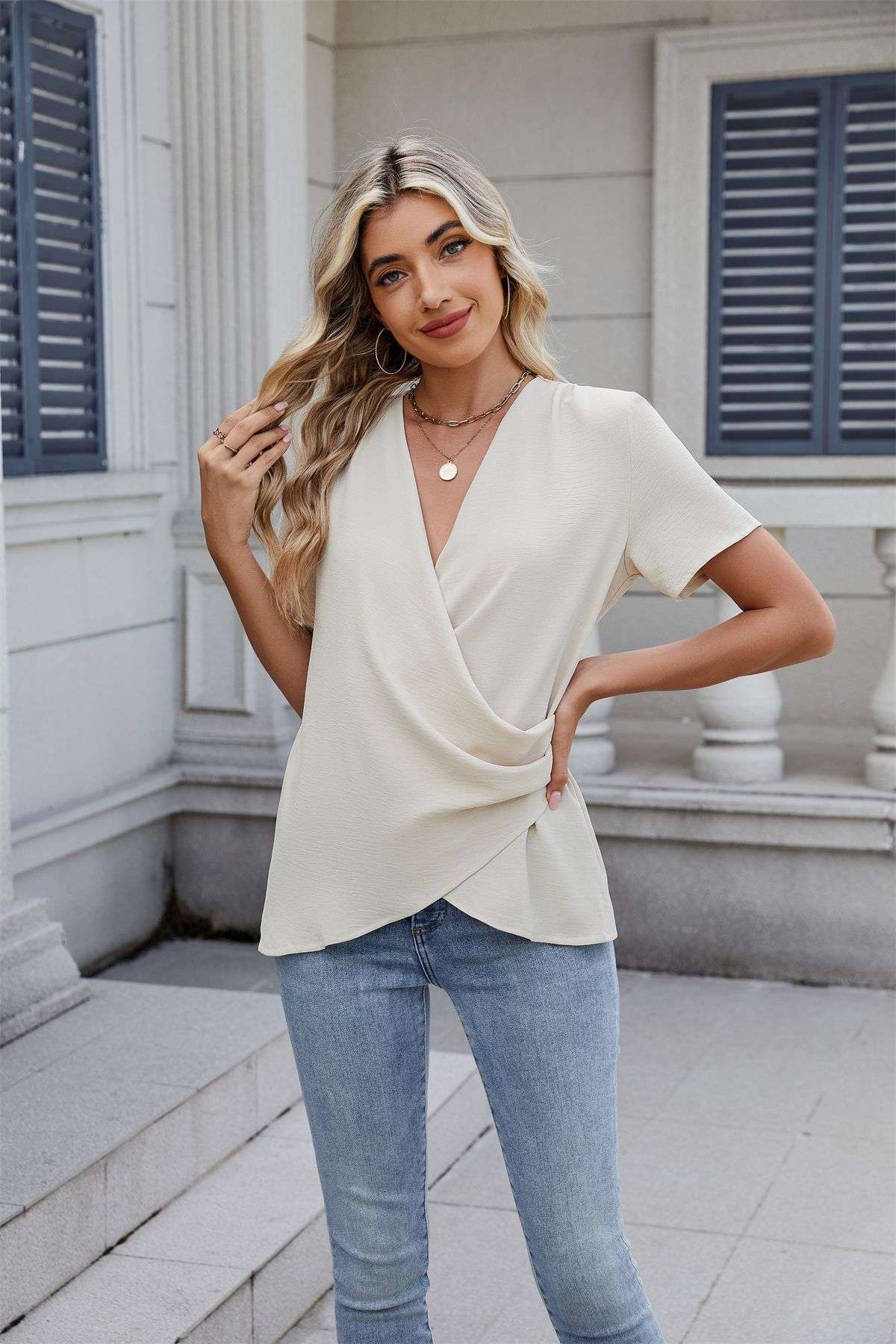 Elegant Draped Short-Sleeve Top - XL, Light Beige image
