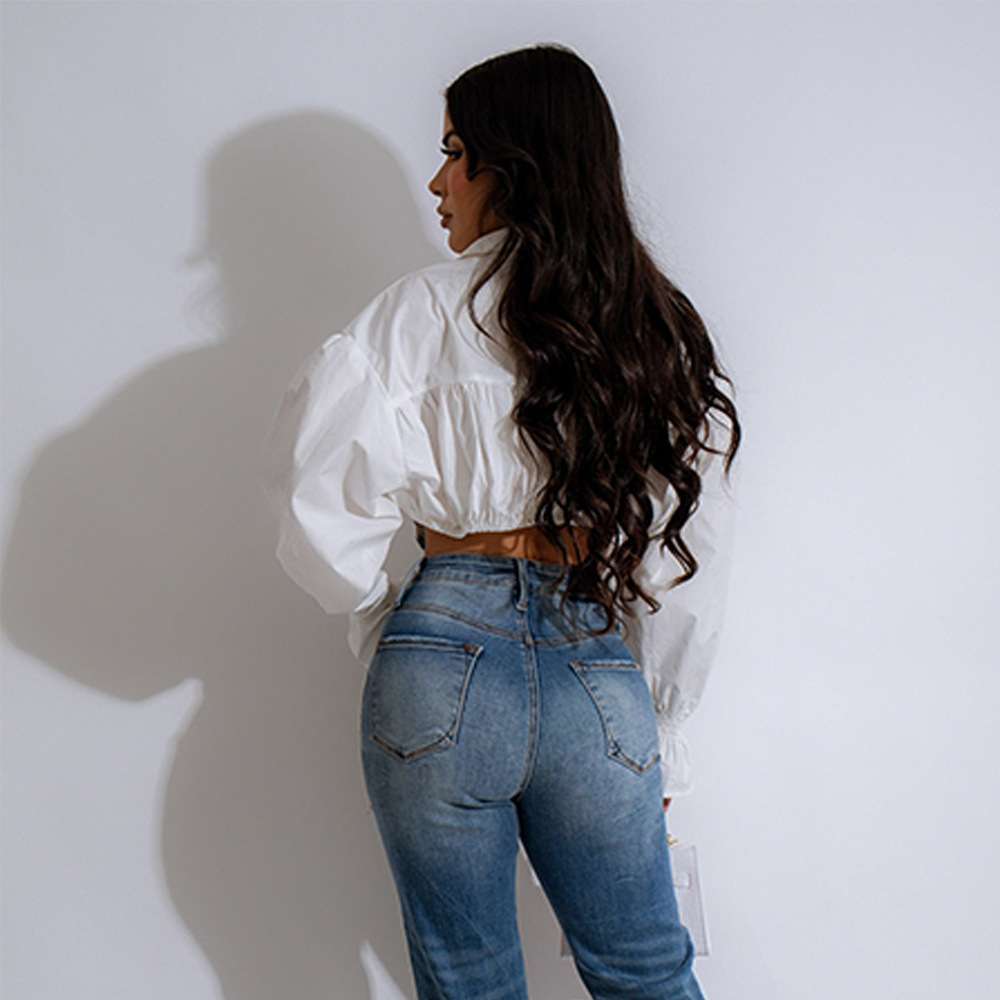 Cropped Patchwork Flared Shirt Blouse image 1