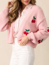 Knit Cardigan with Cherry Embroidery - S, Pink image