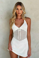 Sexy CrochetKnit Halter Neck Backless Resort Mini Dress image 2