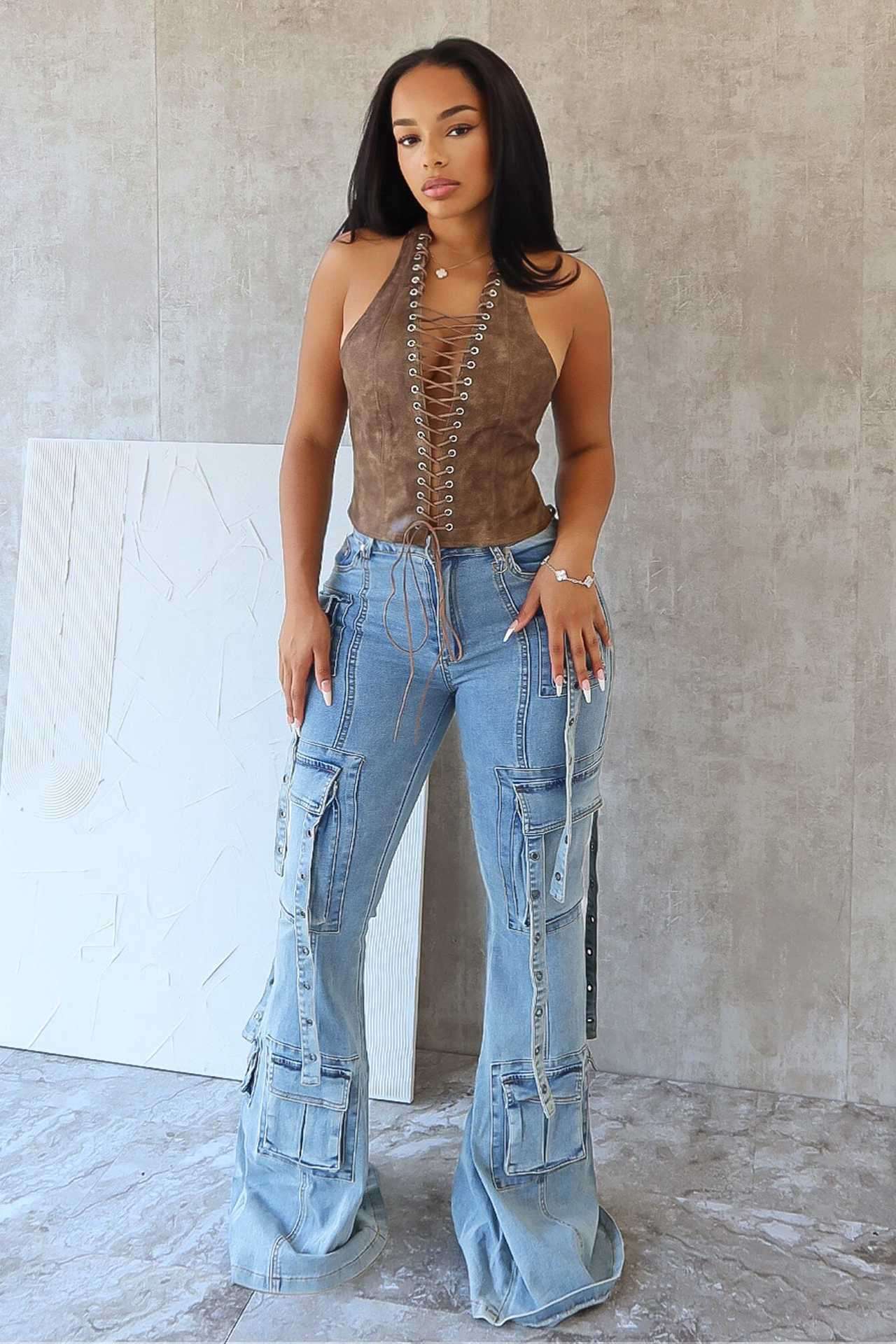 Wide Leg Flare Bell Bottom Denim Cargo - S, Blue image