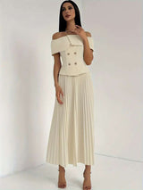 Off shoulder pleated blouse and skirt - S, Cream Beige image
