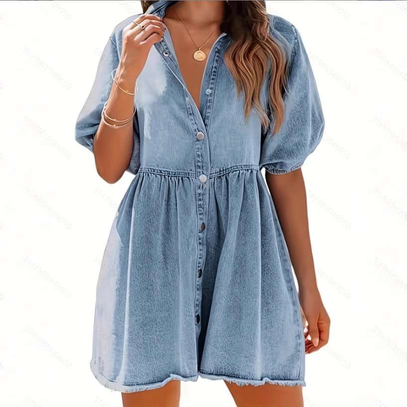 Puff Sleeve Button-Down Mini Dress - S, Blue image