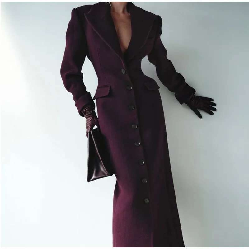 Elegant Long Coat with Structured Design - S, Wine Red image