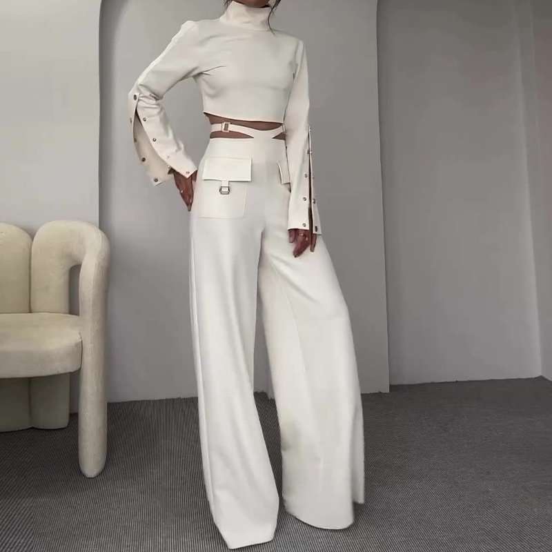 Button sleeve High Collar Top & Wide Leg Pants Sets - L, White image