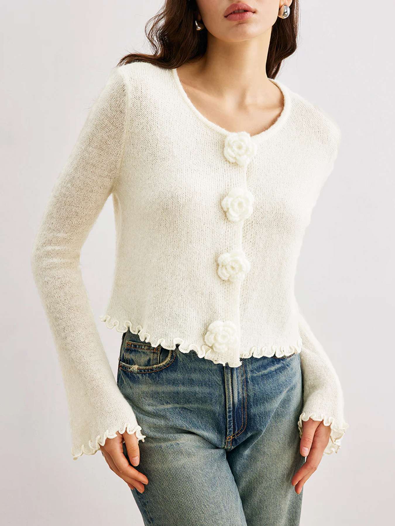 Elegant Cardigan with Floral Embellishments - S, White image