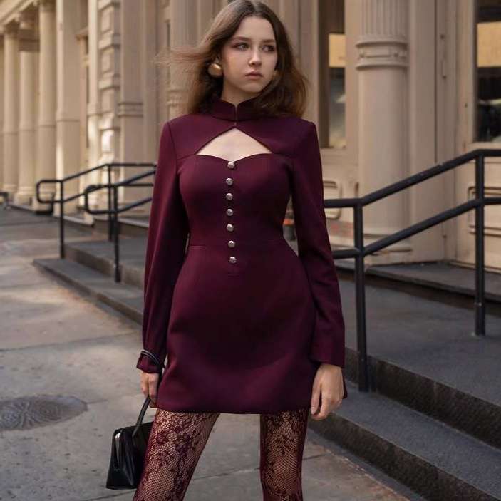 Hollowed-out Button-down Slim-fit Mini Dress - S, Wine Red image