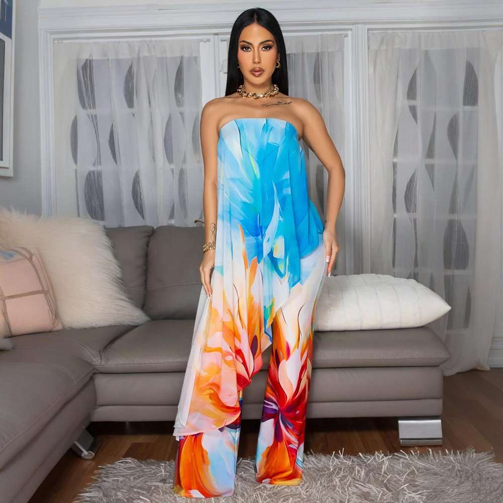 Abstract Print Strapless Top and Wide-Leg Pants - M, Multi Blue image