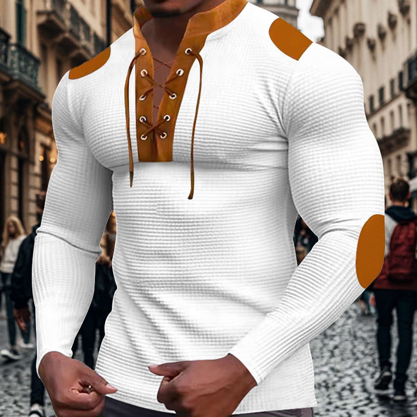 Waffle Pullover Long Sleeve Lace Up Band Collar - M, White image