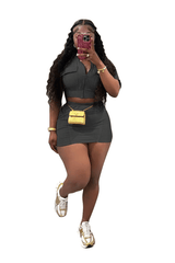 Women casual washed patchwork pocket top and skirt two-piece set image 5