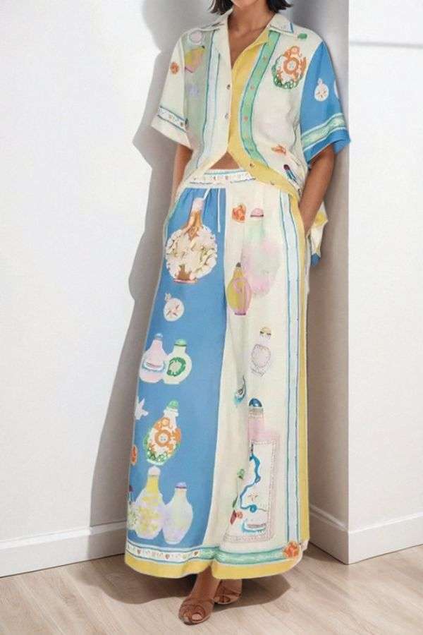 Artistic Print Two-Piece Lounge Set - M, Multi Light Beige image