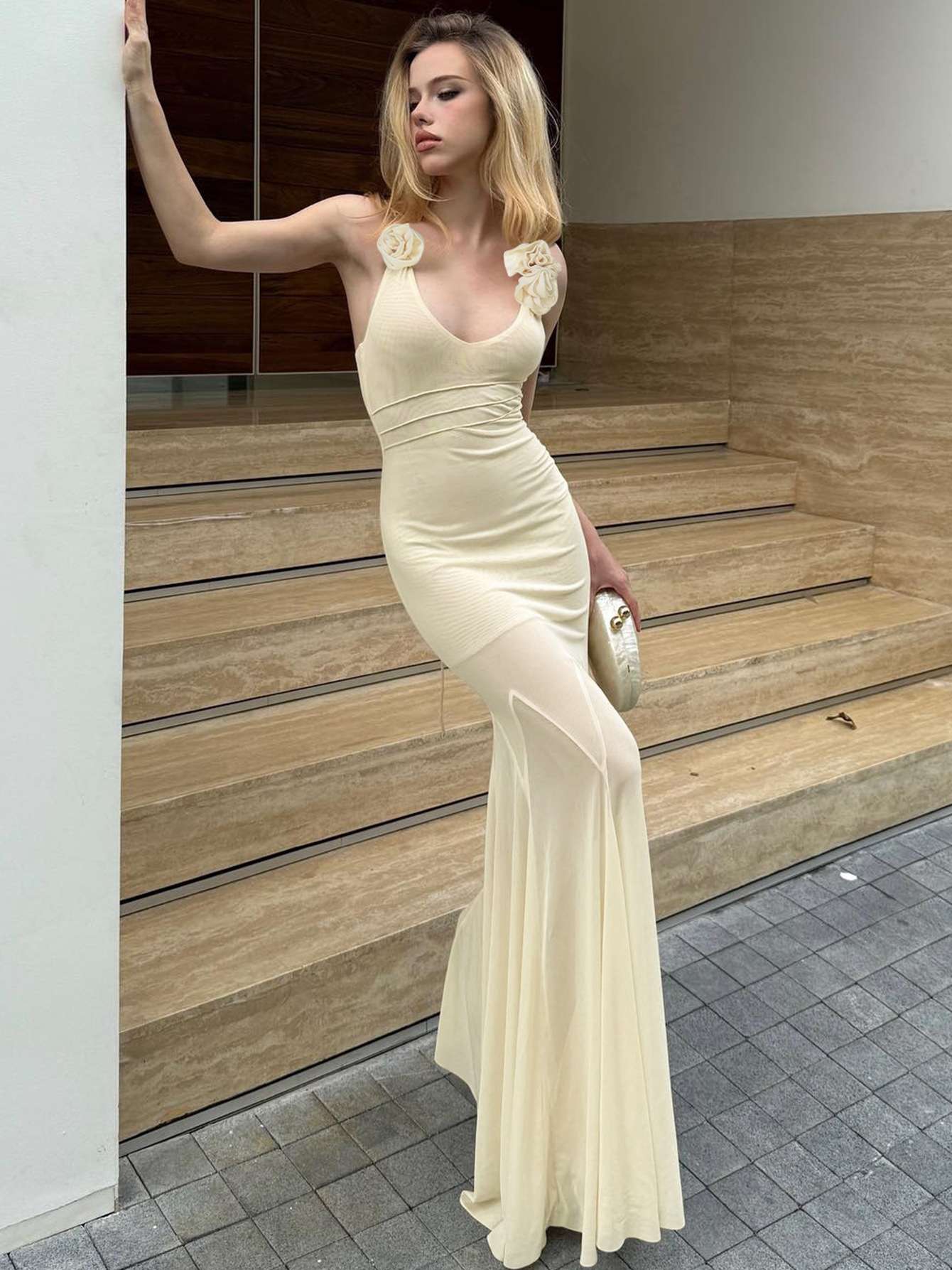 Sleeveless Maxi Dress with Floral Shoulder Details image 1