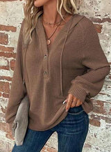 Drawstring V-neck Casual Pullover Hoodie - M, Cub Brown image