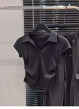 Ruched Polo Crop Top - M, Black image