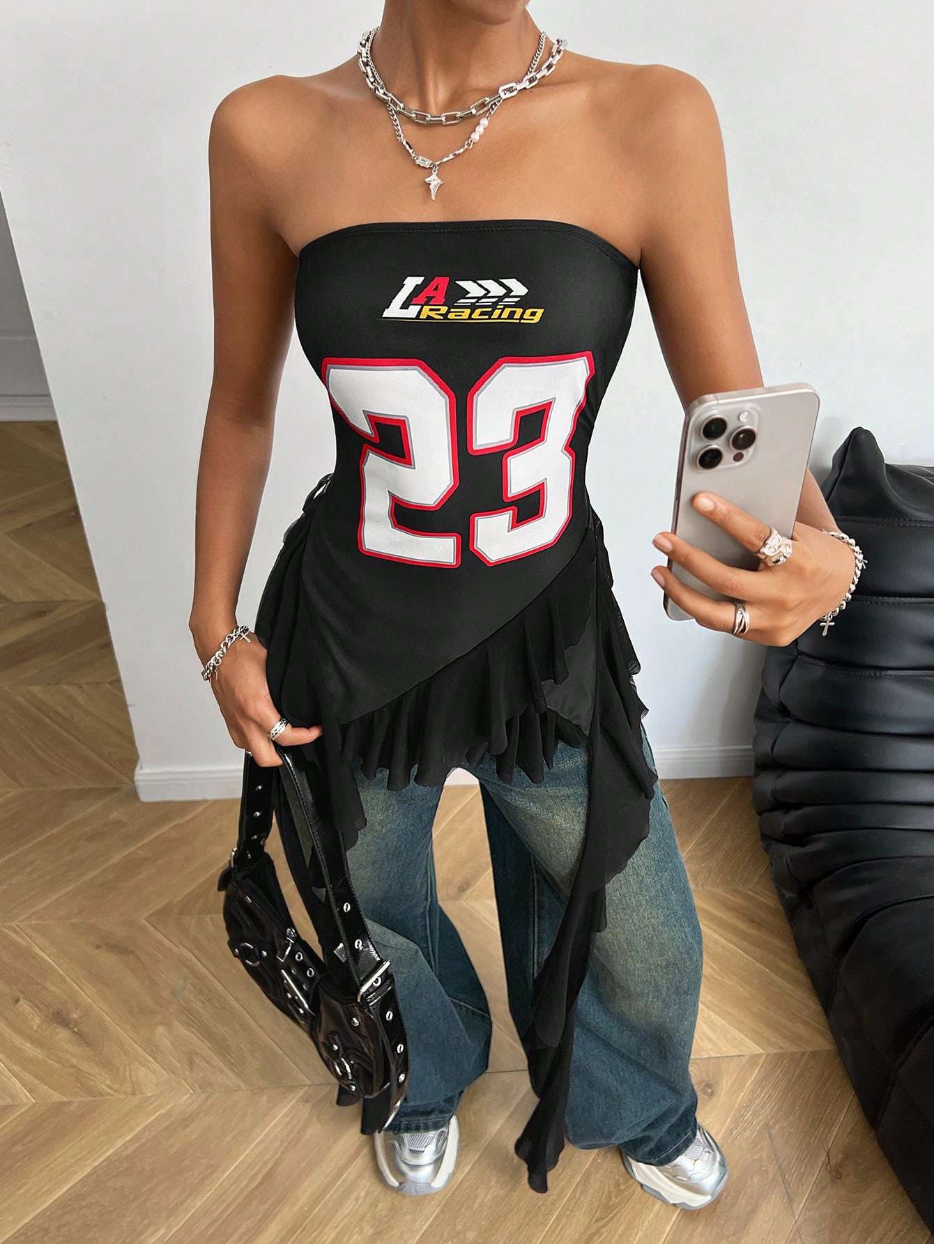 Racer-Style Strapless Top with Ruffled Hem - L, Black image