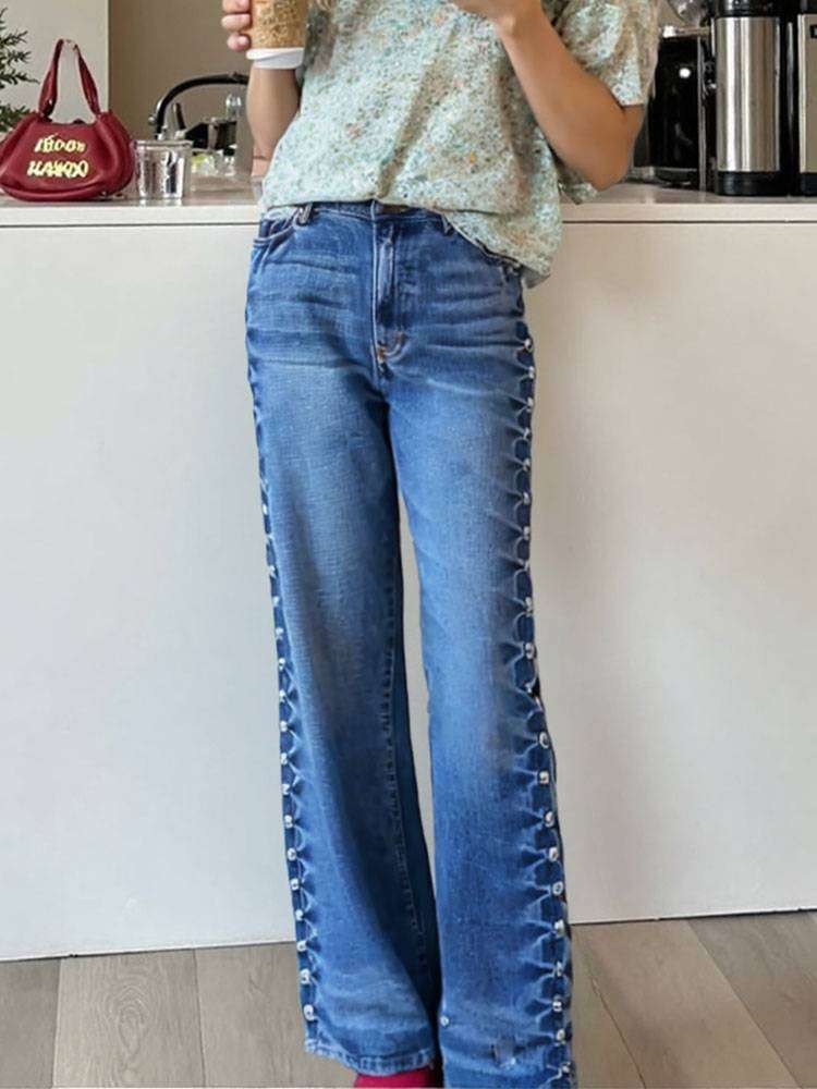 Wide-Leg Jeans with Side Button Detailing - S, Blue image