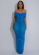 Off-Shoulder Ruched Maxi Dress - S, Blue image