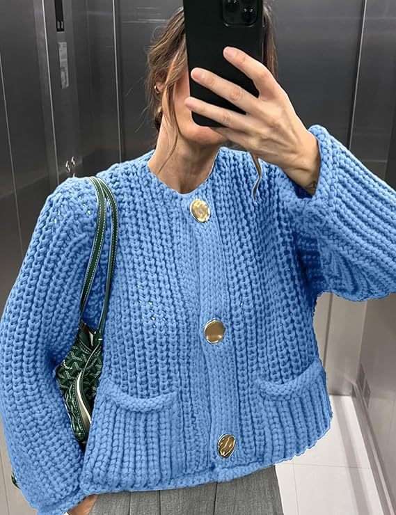 Chunky Knit Cardigan with Gold Buttons - S, Blue image