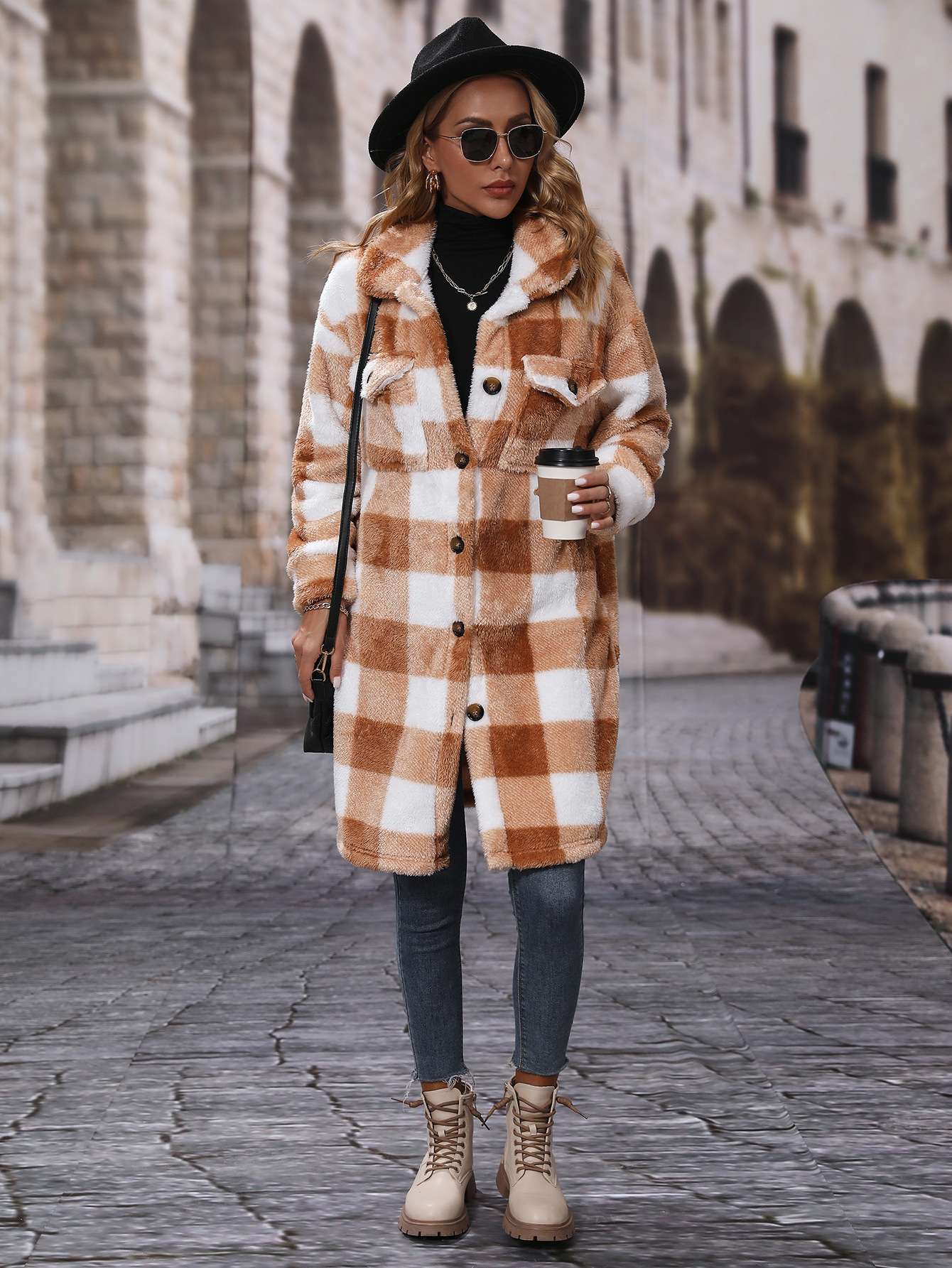 Casual Faux Shearling Midi Long Plaid Shirt Coats - M, Brown image