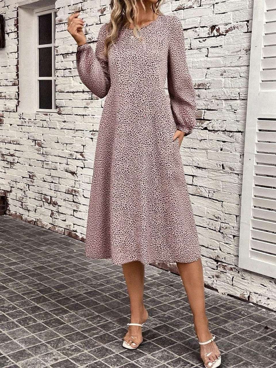 Leopard Print Long Sleeve Midi Dress image 1