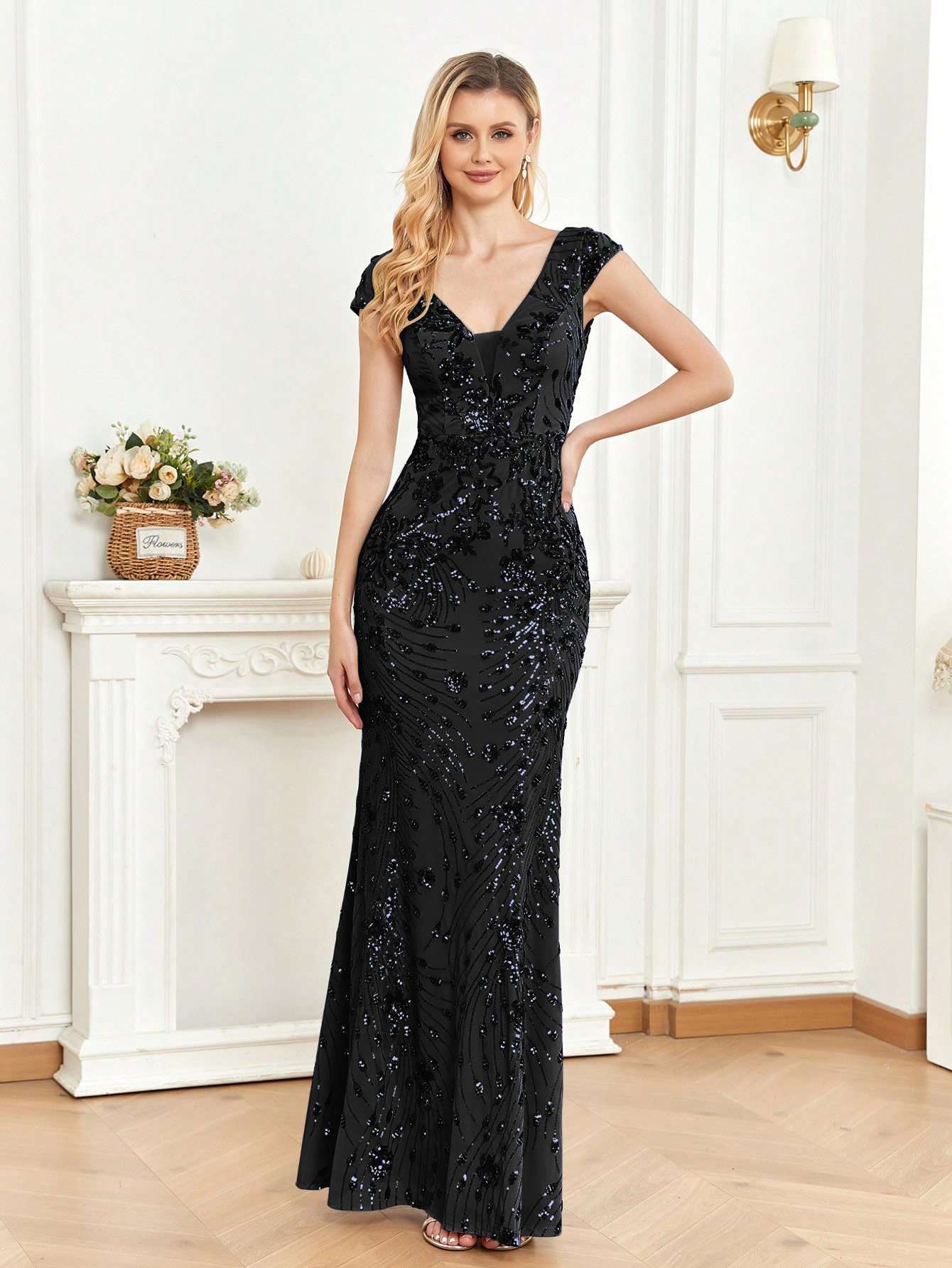 Elegant Black Sequin Evening Gown - S, Black image