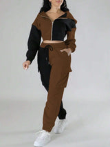 Color Block Cropped Hoodie & Cargo Joggers Set - L, Brown image