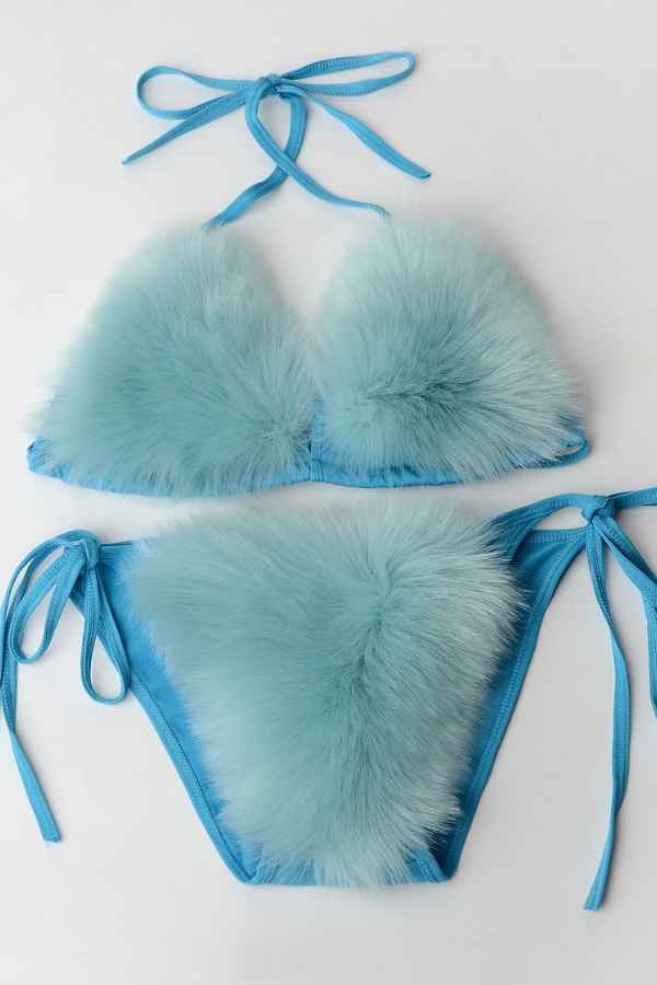 Sexy Fluffy Fur Bikini Swimwear Two Piece Set image 3