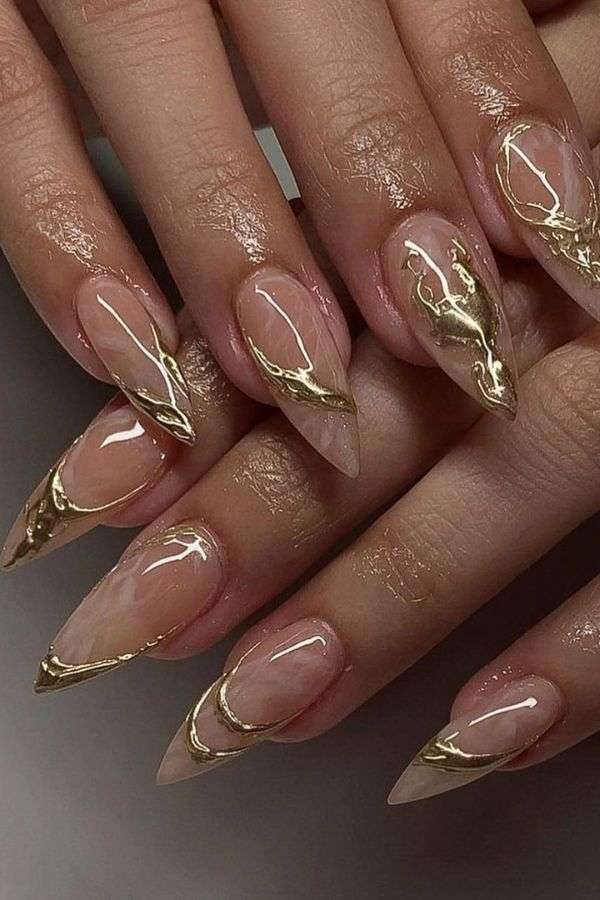 Golden Marble Stiletto Nails with Nude Base image 0